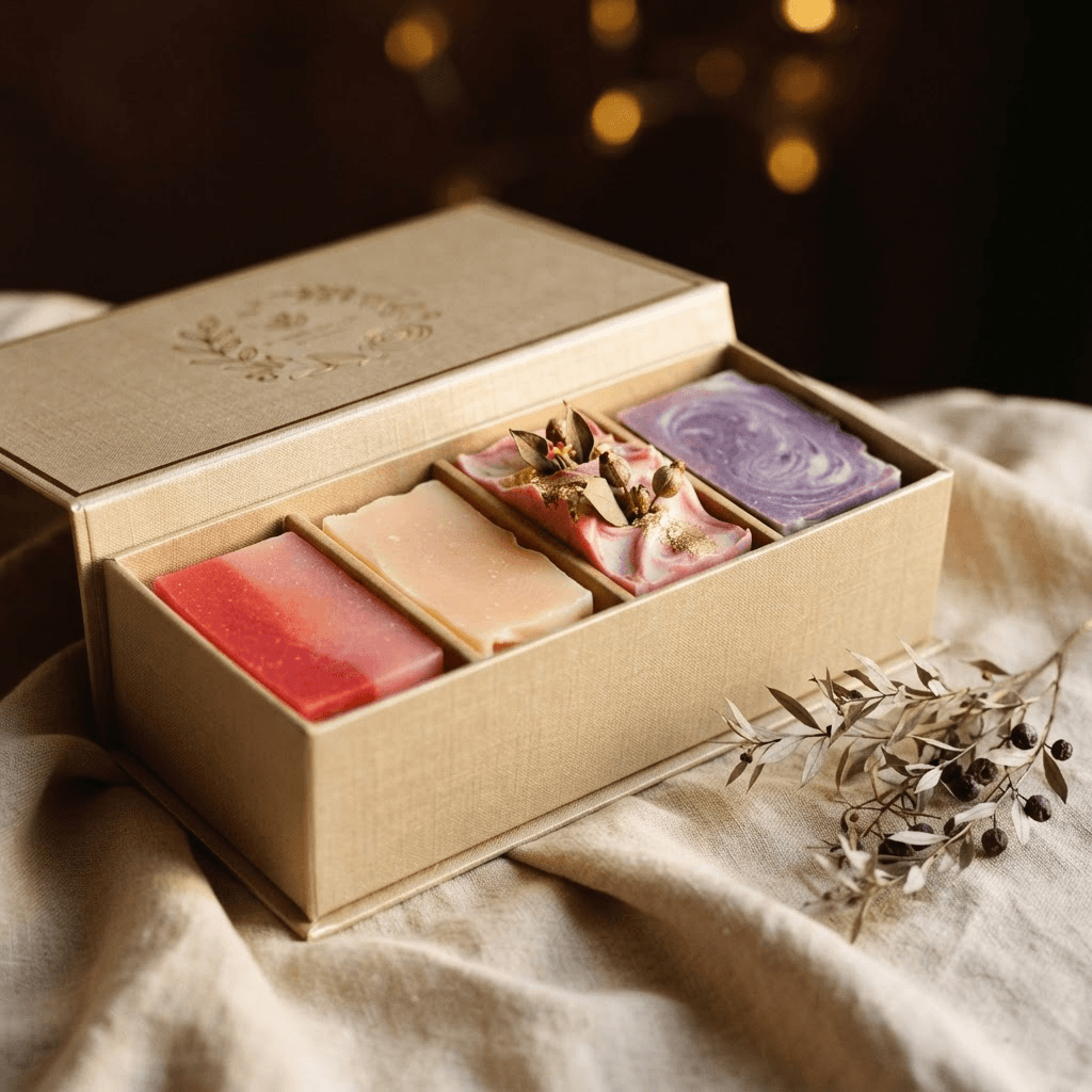 Coffret Découverte Sudovea ouvert, quatre savons parfumés présentés dans une boîte dorée