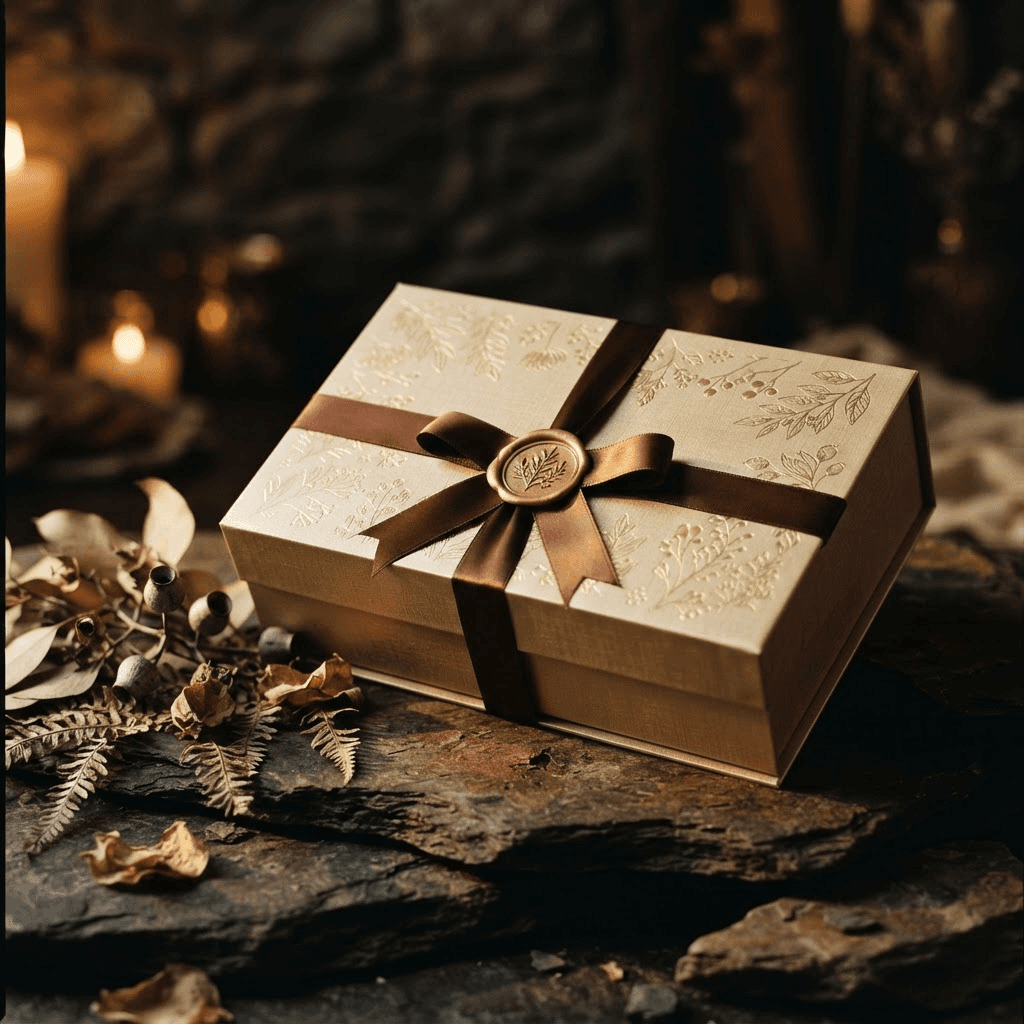 Coffret Signature Sudovea fermé, boîte dorée nouée d'un ruban et d'un sceau de cire