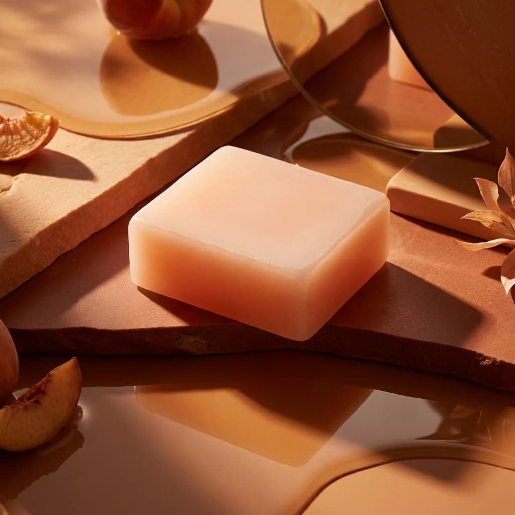 Savon parfumé à la pêche posé sur une pierre claire baignée de lumière dorée
