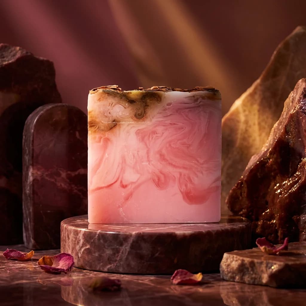 Savon parfumé à la rose posé sur une ardoise, à côté d'une rose et de pétales